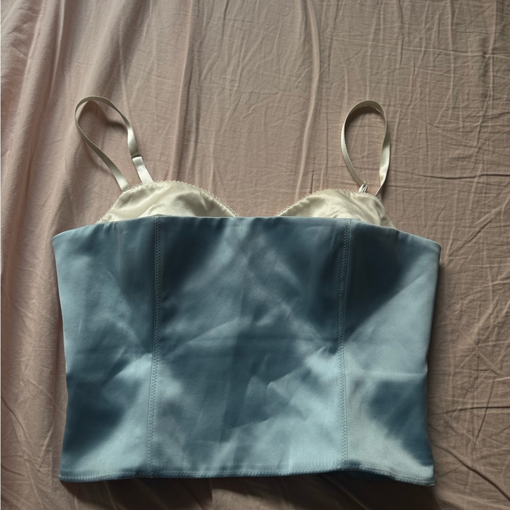 Aritzia Satin Bustier in Blue and Cream